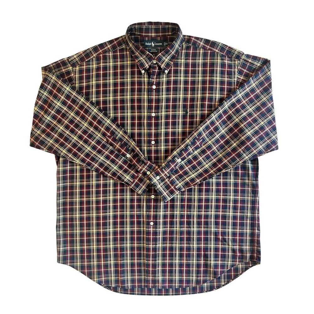 Ralph Lauren Blake Button Down Shirt Mens XL Plaid Navy Red Cotton Long Sleeve